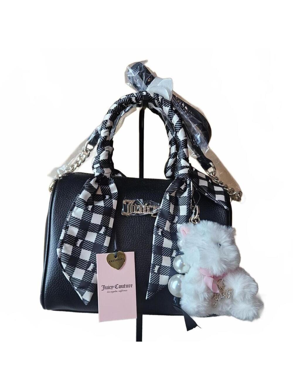 Juicy Couture Forever Fab Black Scarf Satchel Scottie Dog Pearl Charm NWT
